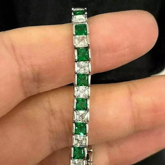 8Ct Lab-Created Emerald & Diamond Men's Tennis Bracelet 14K White Gold Plated
