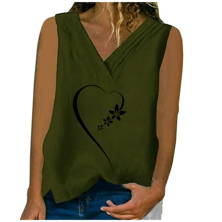 

SMihono Summer Cotton Linen Tops for Women Sales Love Floral Print Camis Leisure V Neck Shirts Comfy Loose Fit Tunic Blouse Stretch Classic Body Suits Trendy 2023 Sleeveless Tanks Green 10