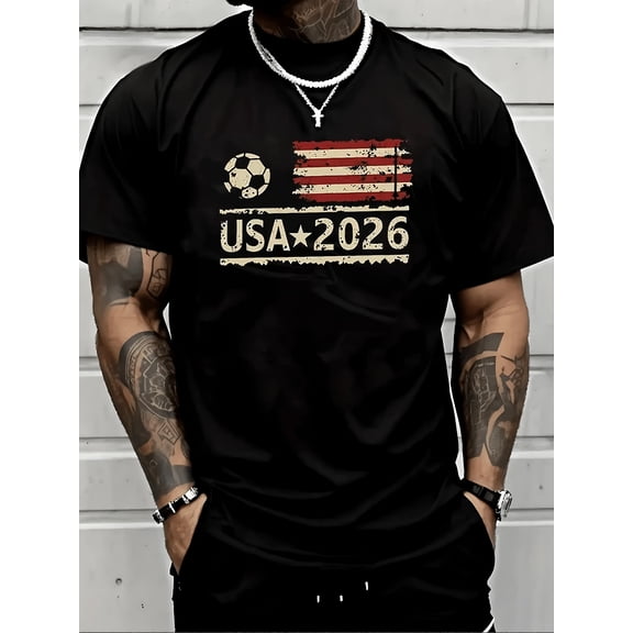 Retro USA 2026 Soccer Graphic T-Shirt Distressed American Flag Patriotic Men's Short Sleeve Tee Vintage Sports Fan Apparel