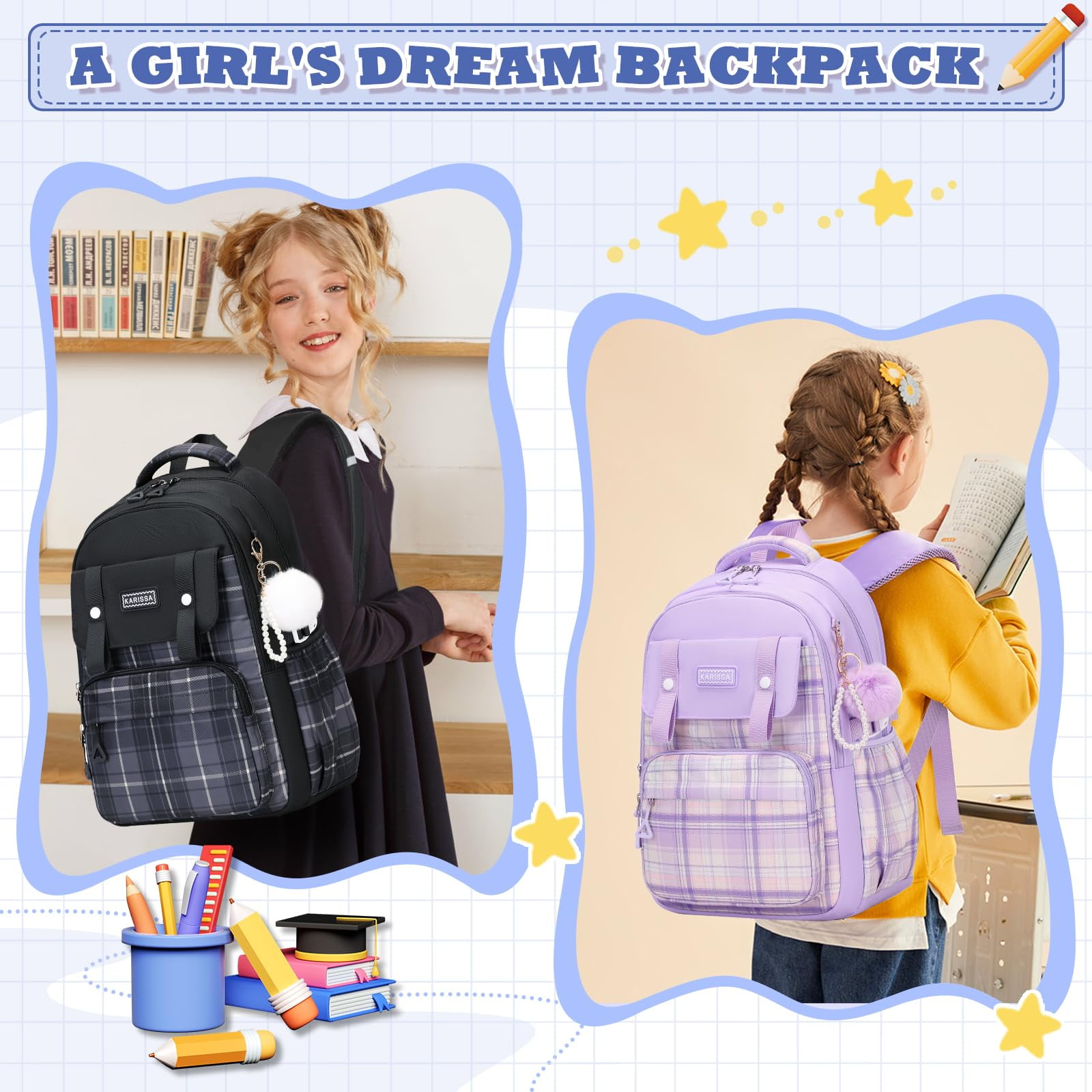 Soda Candy Girls Backpack Ideal Elementary Middle School Backpacks for Kids Cute Kawaii Large Capacity Bookbag with Reflective Strip, Black