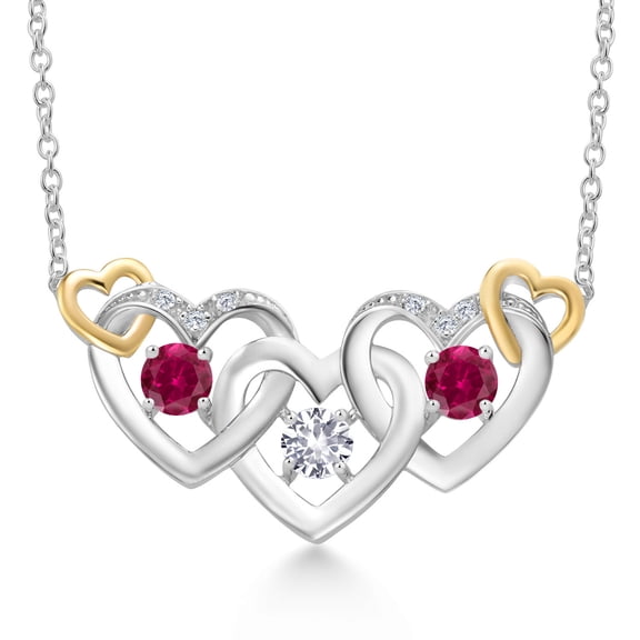 Gem Stone King 925 Silver and 10K Yellow Gold White Created Sapphire Red Created Ruby and White Lab Grown Diamond Heart Shape Pendant Necklace for Women (0.81 Cttw, with 18 inch Chain)