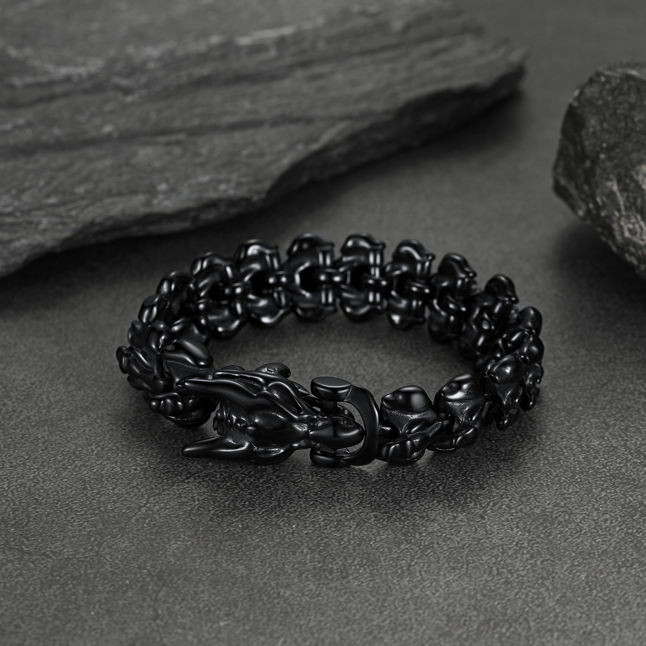 FaithHeart Viking Dragon Bracelet for Men with Always Remember Card, Vintage Black Stainless Steel Gothic Curb Link Chain Bracelet Fahion Hippop Jewelry Gift for Friends Thanksgiving 23MM