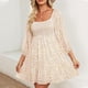 thumbnail image 2 of Vestido boho floral con cuello cuadrado para mujer - Vestido mini evasé con mangas 3/4 fruncidas, informal para primavera/verano, diseño fluido, 2 of 8