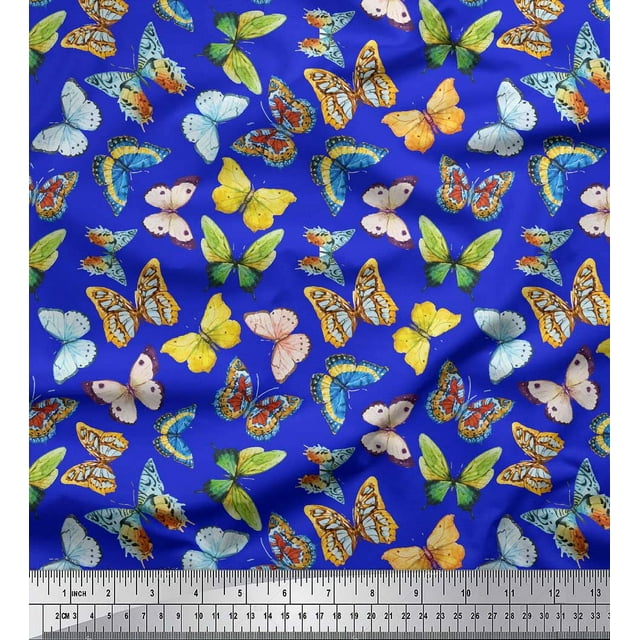 Soimoi Blue Modal Satin Fabric Colorful Butterfly Printed Fabric 1 Yard 42 Inch Wide
