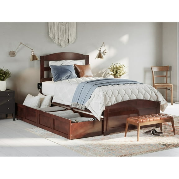 AFI Warren Platform Bed with Footboard and 2 Storage Drawers Walnut Twin XL