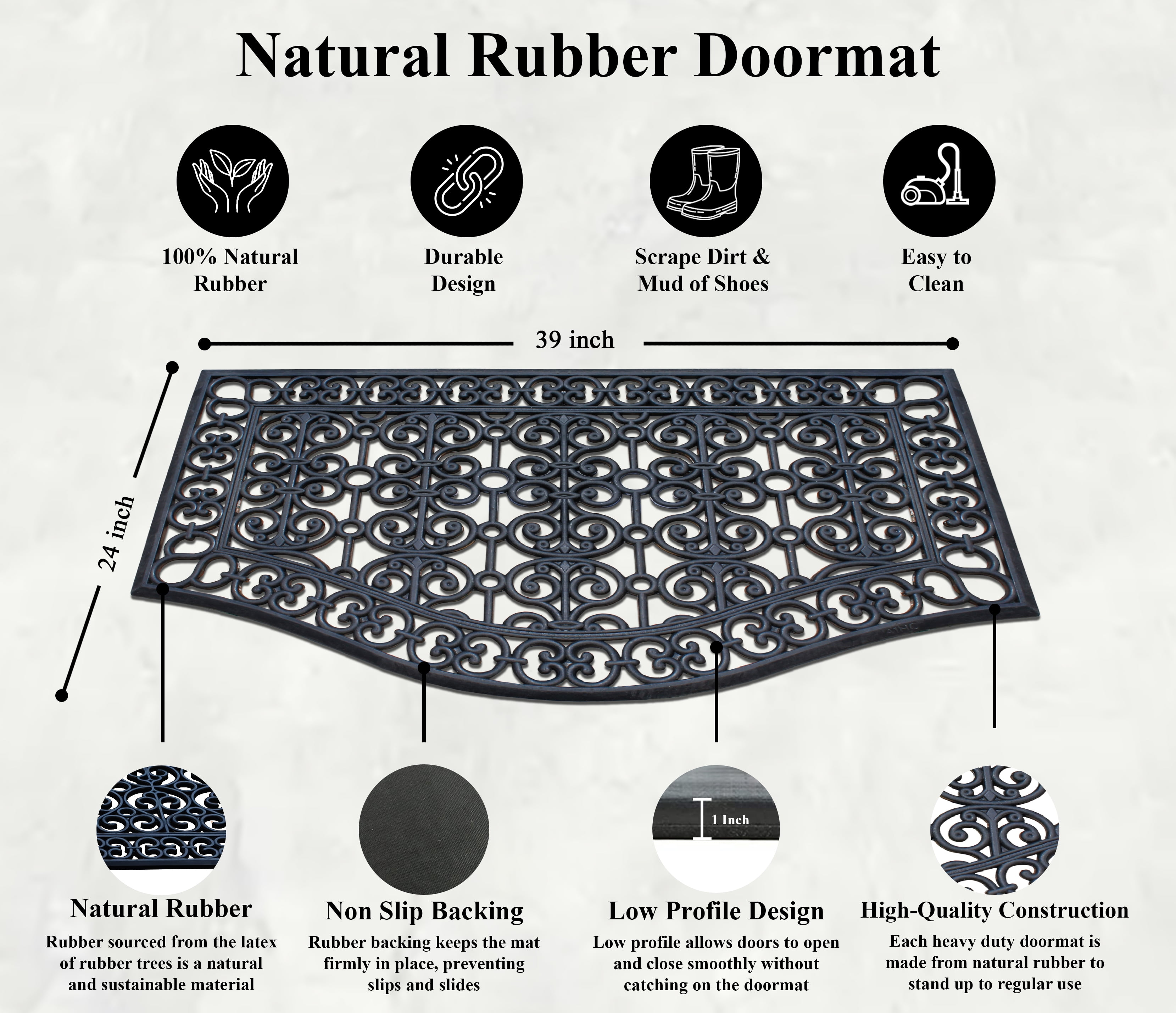 A1HC 12lb Heavy Duty Rubber Doormat 24"x39" - Won't Blow Away, Outdoor Front Door Mat, Mud Dirt Scraper, Non-Slip Drainage Mat for Entryway Patio Garage