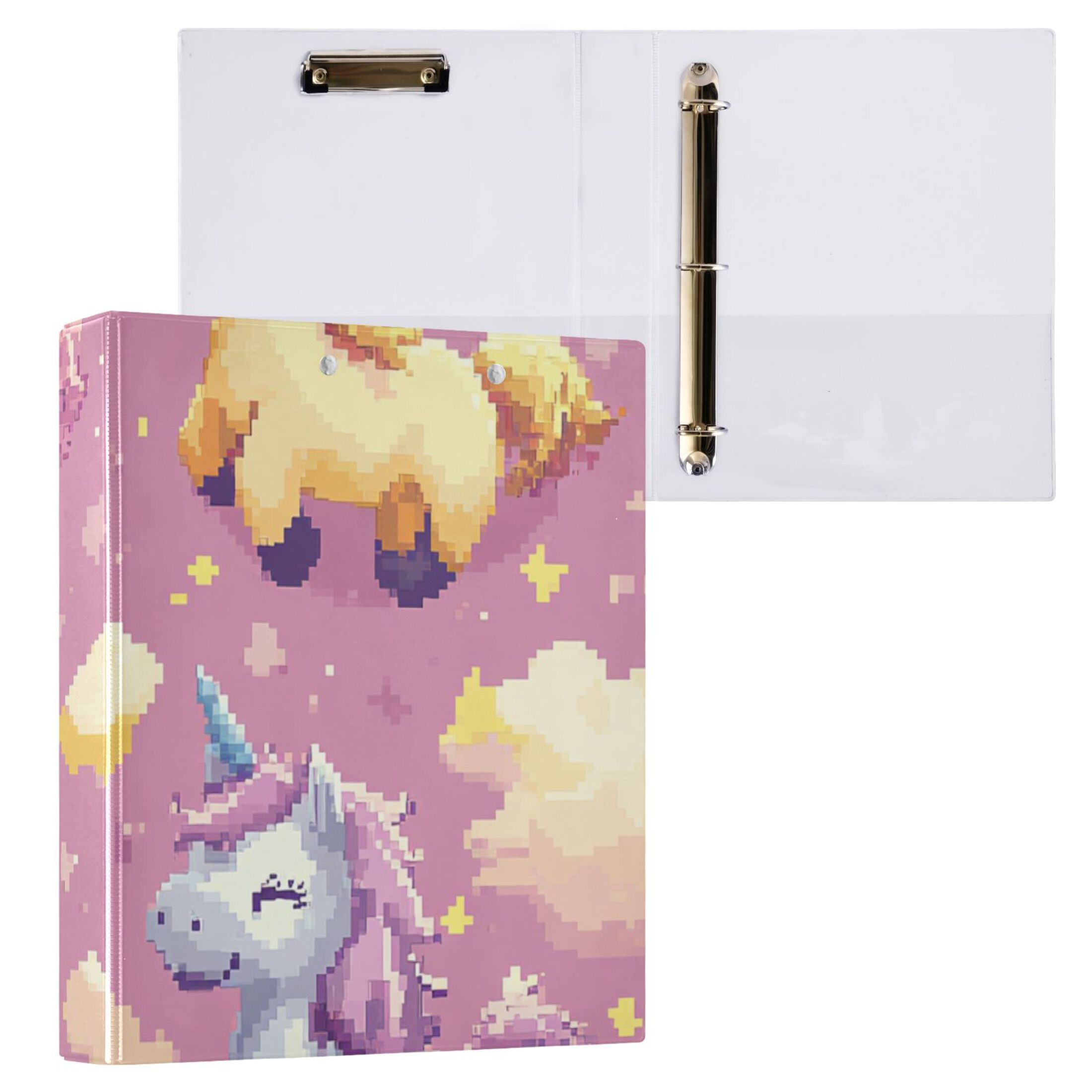 Pixel Cute Unicorns 3 Ring Binders 1.5 inch Hardcover File Folders with Interior Pockets A4 Size Organizer for School Office Hospital