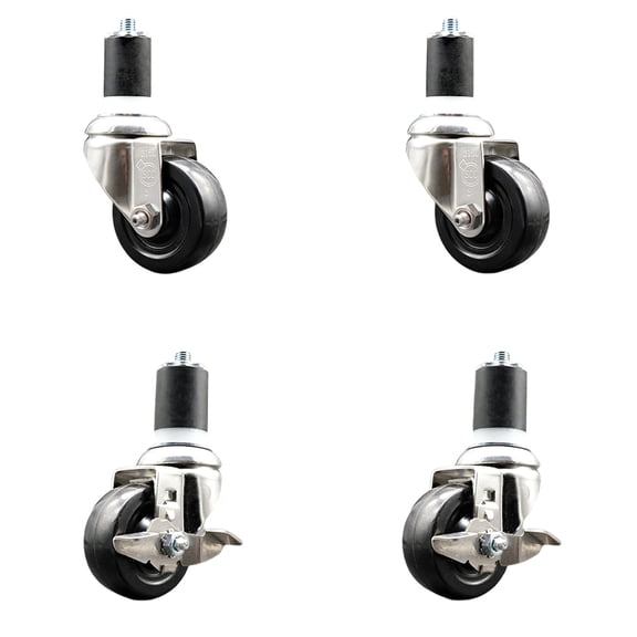 3 Inch 316SS Hard Rubber Swivel 1-3/4 Inch Expanding Stem Caster Set 2 Brake SCC