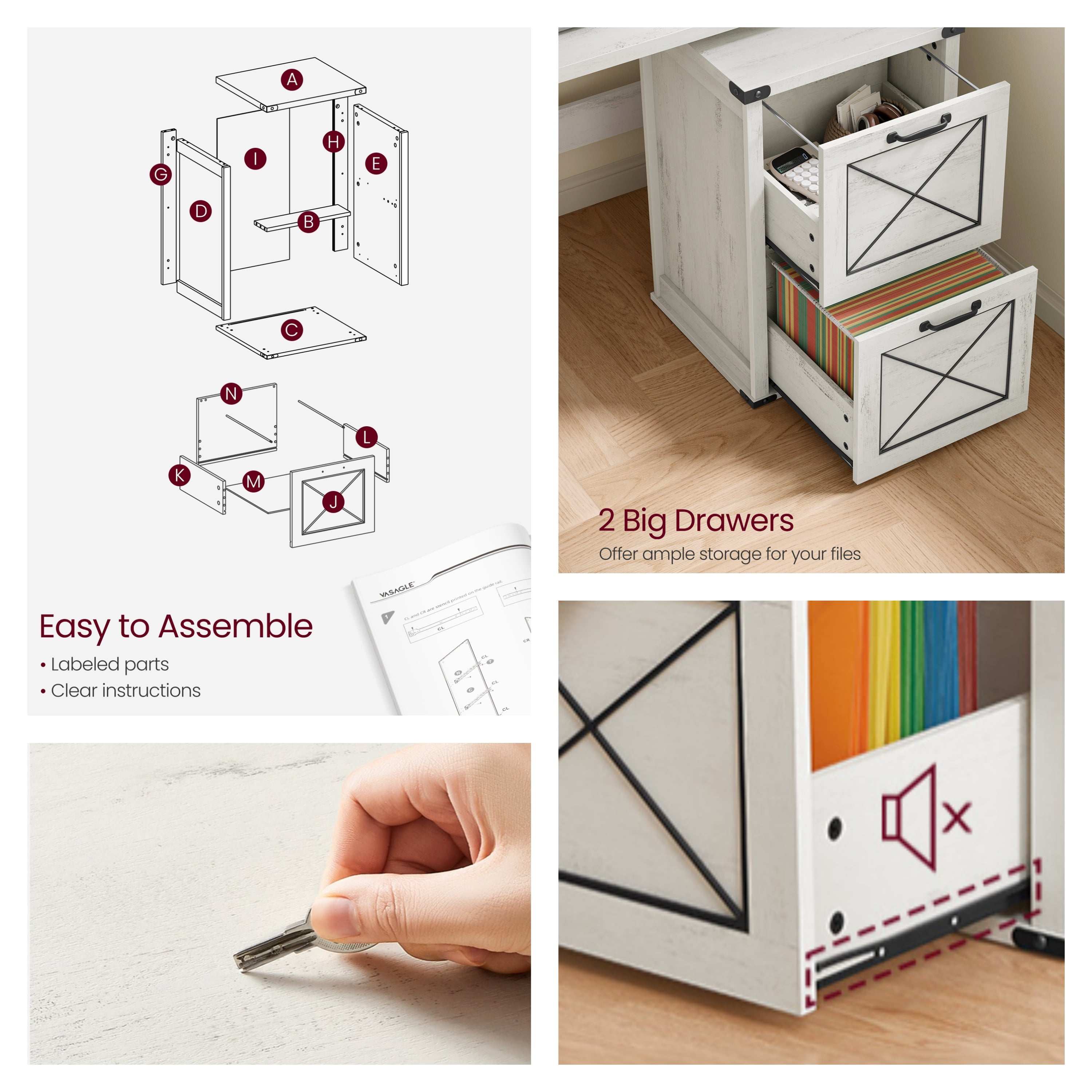 LEDREM 2-Drawer File Cabinet with Hanging File Folders, Modern Farmhouse Office Cabinet and Printer Stand, Fits A4 & Letter Size, Rustic White