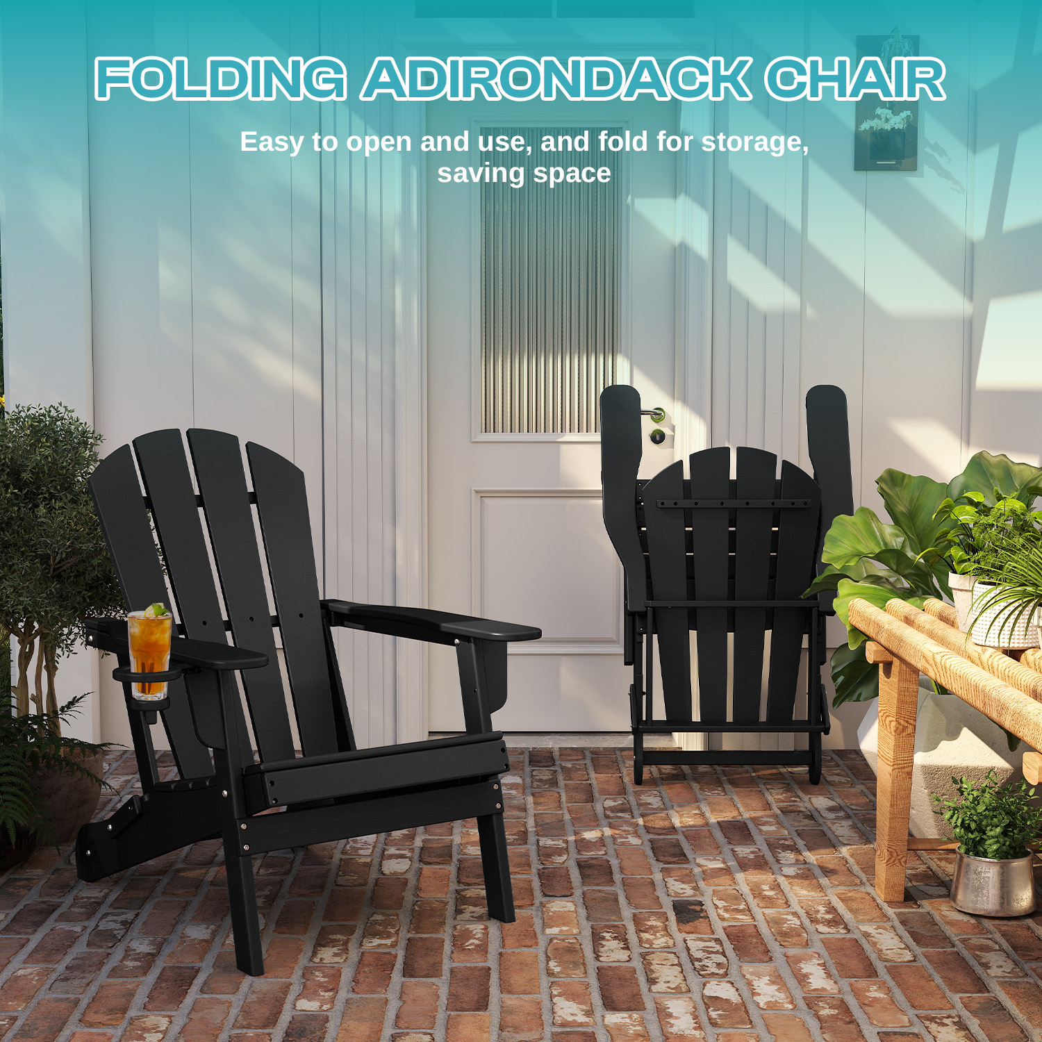 FODINGHILL Folding Adirondack Chair,HDPE All Weather Fire Pit Chair,Outdoor Plastic Chair for Patio Porch Garden,Black