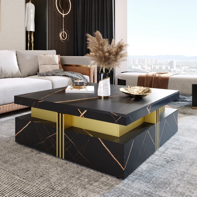 Noble House 43.3" Modern Square Storage Coffee Table with 4 Drawers, Black