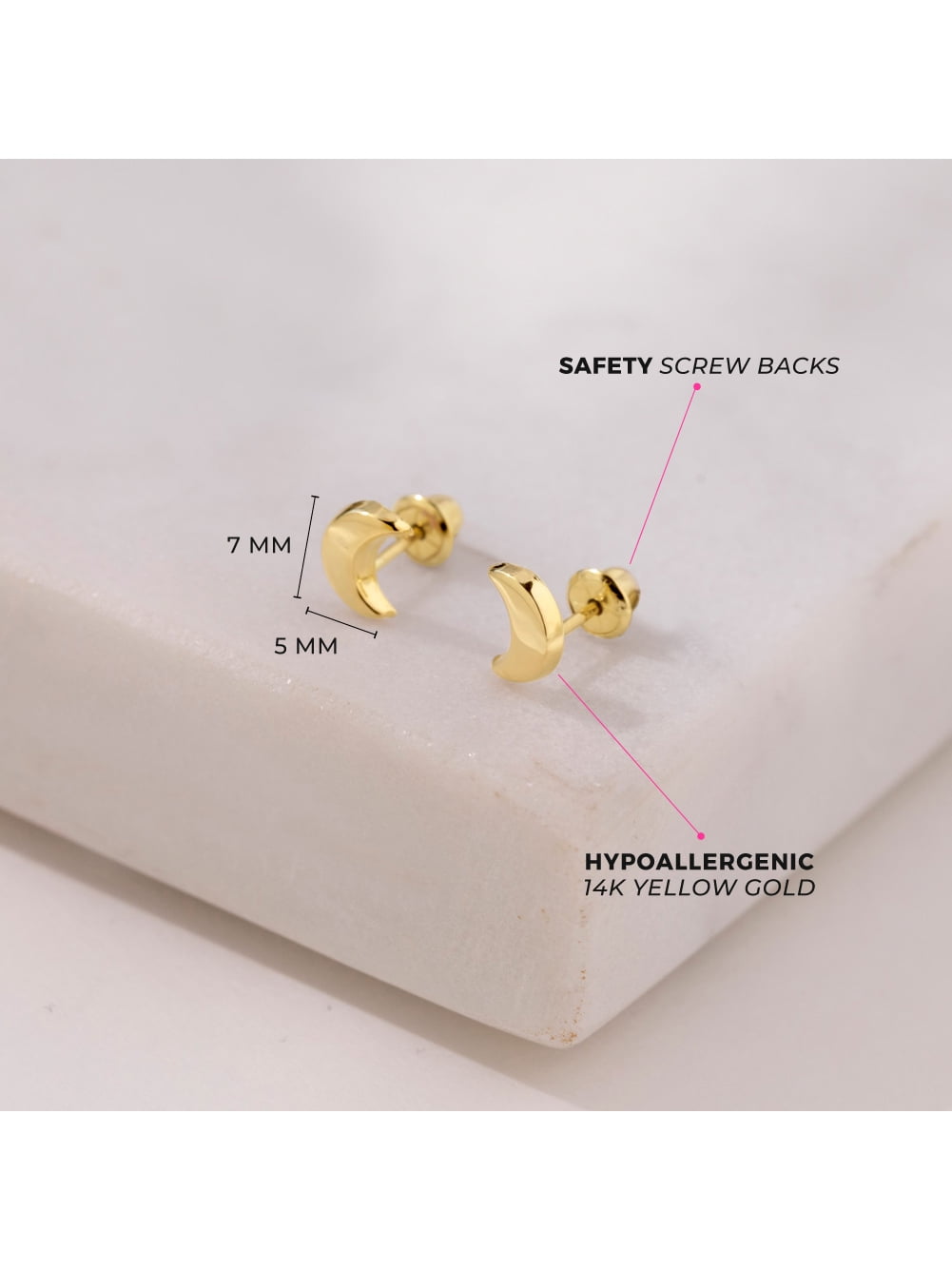 Crescent Moon Toddler / Kids / Girls Earrings Safety Screw Back - 14k Gold