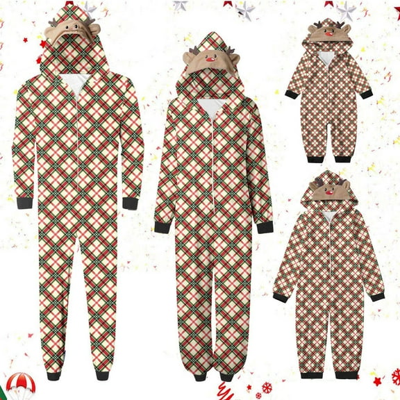 Odeerbi Christmas Onesie Pajamas for Family Holiday Sleep Jumpsuit Long Sleeve Family Christmas Pajamas Matching Sets Mom Fashion Lattice Print Plush Jumpsuit Sleepwear PJs Set Beige