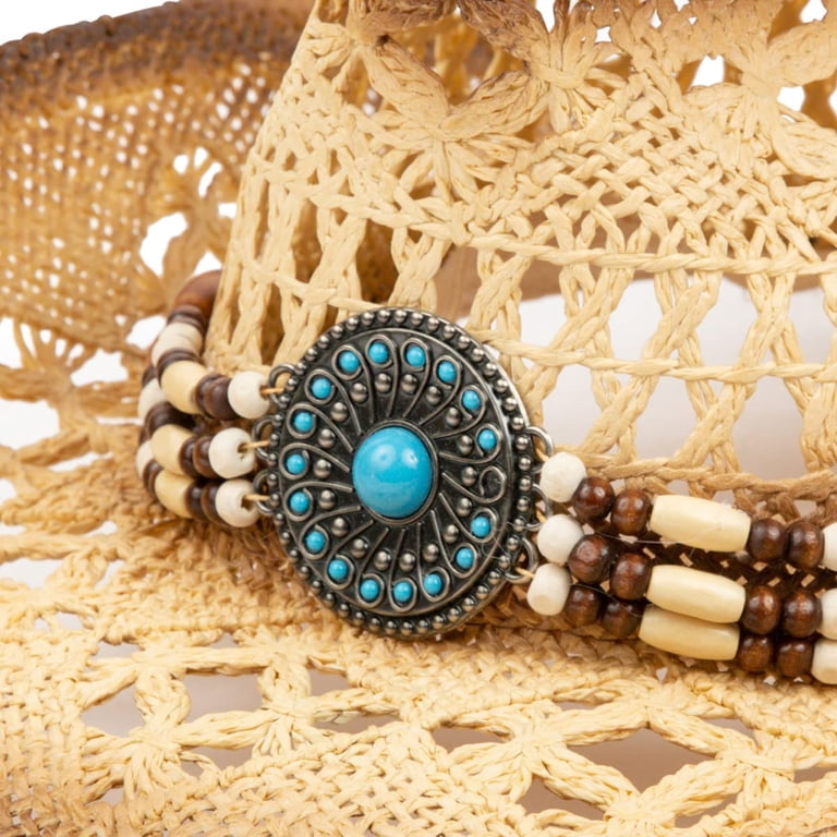 Straw Sun Hat with Turquoise Bead Trim Unisex Turquoise Wooden Bead Boho Summer Sun Hat,... From  main image 4