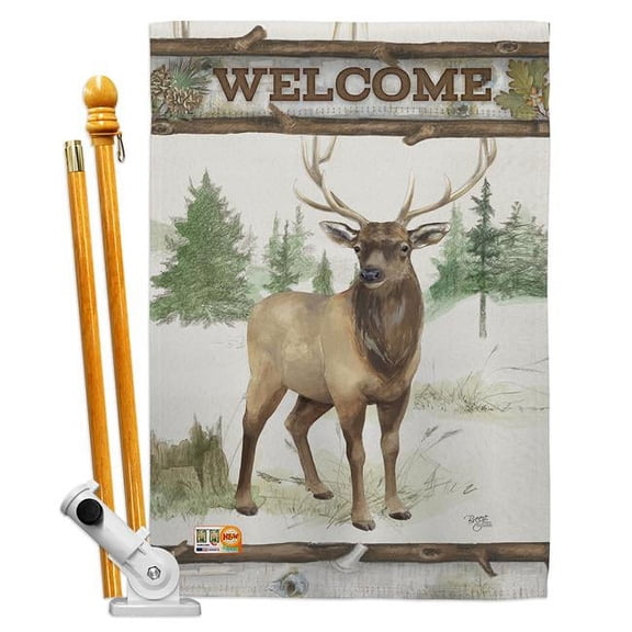 Breeze Decor BD-WL-HS-110105-IP-BO-D-US18-WA 28 x 40 in. Welcome Deer Nature Wildlife Impressions Decorative Vertical Double Sided House Flag Set with Pole Bracket Hardware