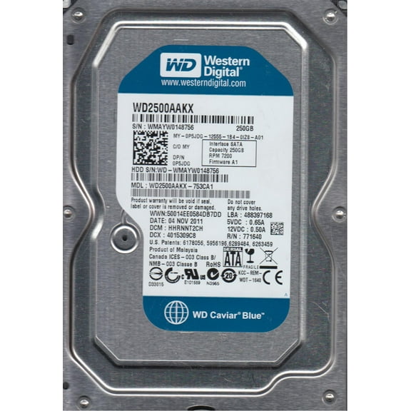 WD2500AAKX-753CA1, DCM HHRNNT2CH, Western Digital 250GB SATA 3.5 Hard Drive