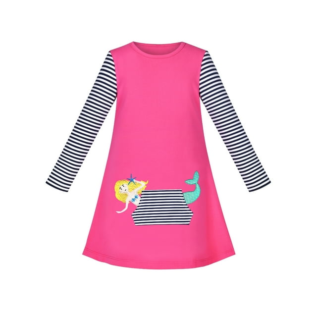 Robe Fille Sirène Princesse Manches Longues Poche Coton Décontracté 8 Ans