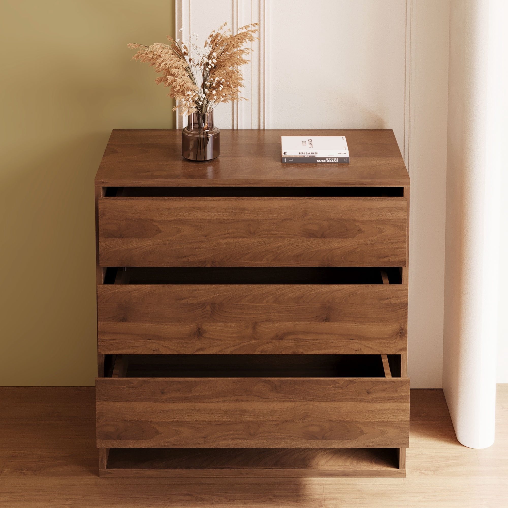 NessCarsti Natural Wood Three - Drawer Storage Cabinet with Shelves, Walnut Brown, 29.52"