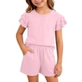 thumbnail image 2 of Girls Summer Outfits 2 Piece Sets Ruffle Short Sleeve Button Down Shirts and Shorts Set Kids Clothes with Pockets Pink Size 7-8 Years, 2 of 4