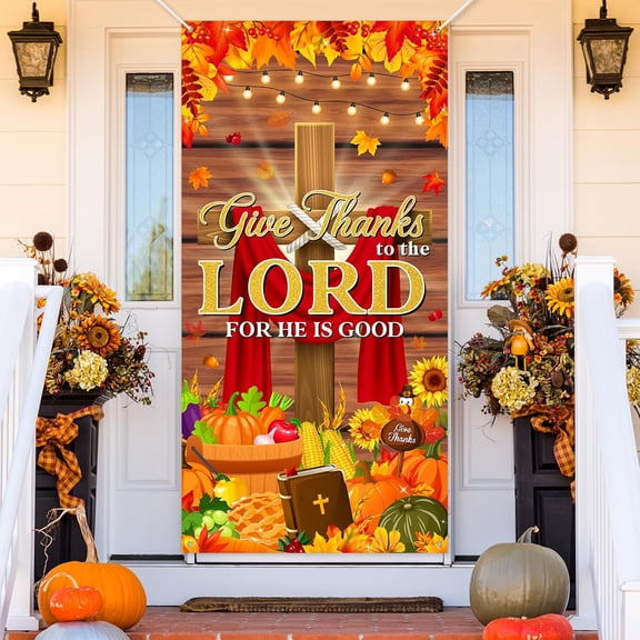 jopioc Give Thanks to The Lord Banner Christian Thanksgiving Door Decorations Fall Jesus Banner for Thanksgiving Party Supplies