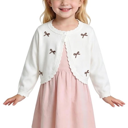 Girls White Cropped Cardigan with Bow Appliqu&eacute; &ndash; Kids Ruffle Trim Knit Bolero Shrug for Kids Little Girl Size 2-3T