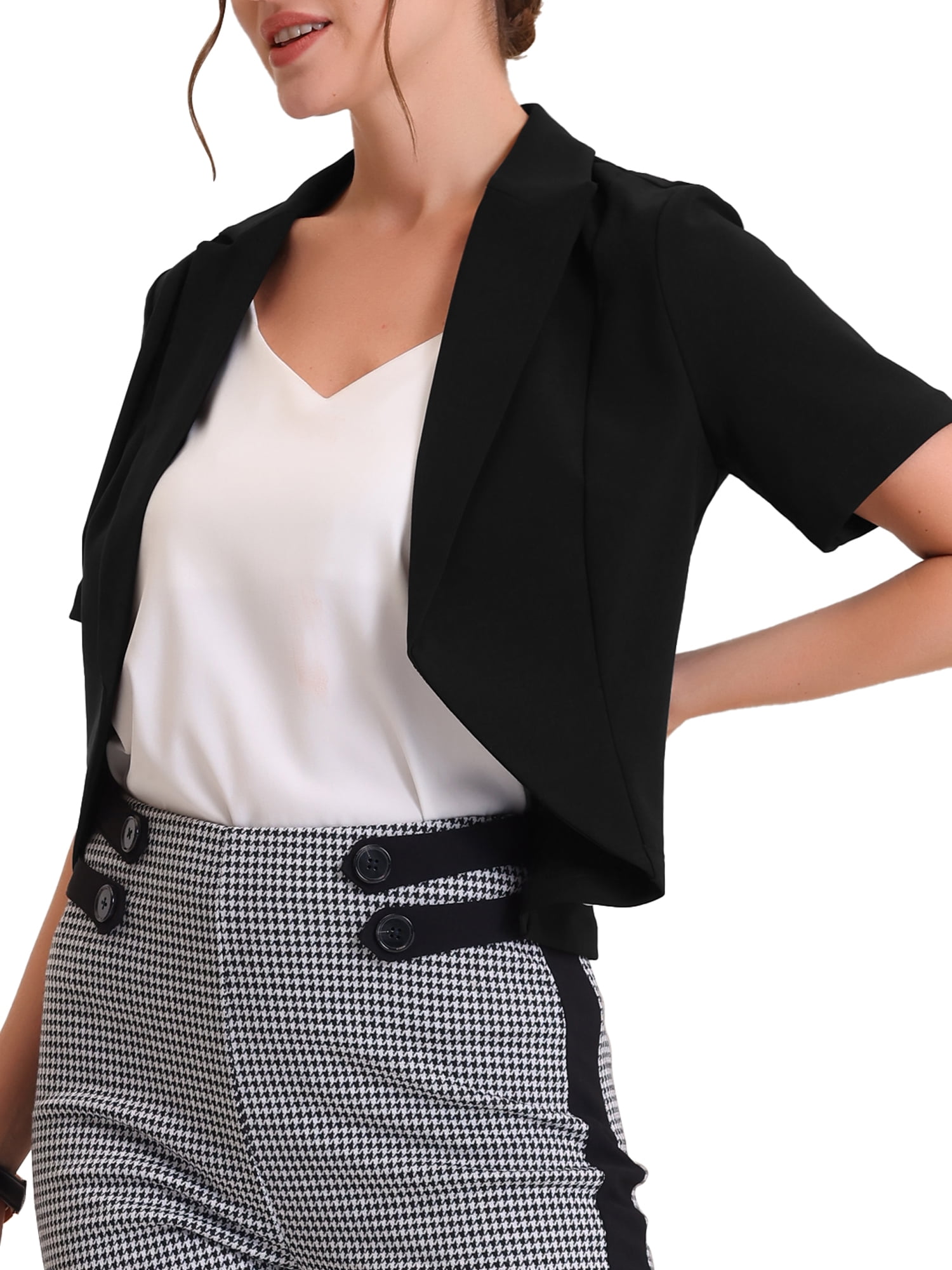 Unique Bargains Women's Cardigan Open Front Notch Lapel Short Sleeve Blazer XL Balck