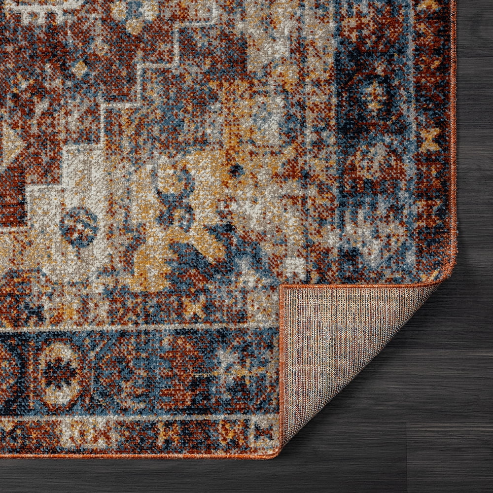 LR Home Han 5' x 7' Blue/Red Medallion Machine Washable Indoor Area Rug