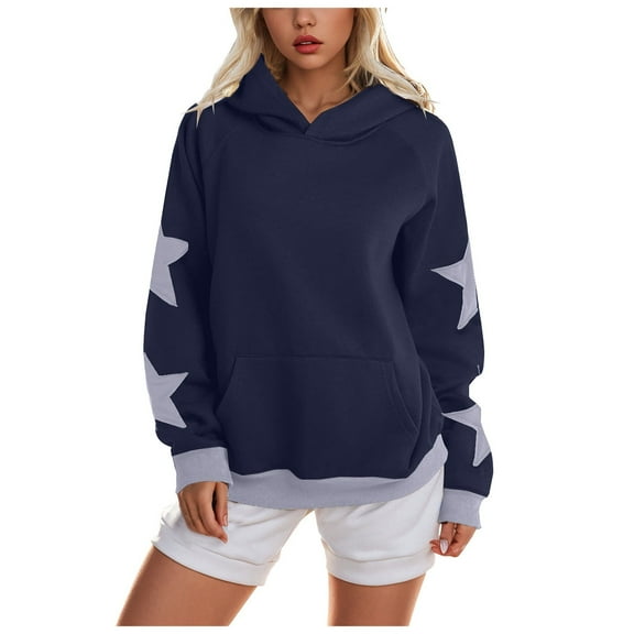 Xudanell Lightweight Sweatshirts for Women Drawstring Long Sleeve Star Patchwork Hoodie with Pocket Oversized Hoodies Navy S
