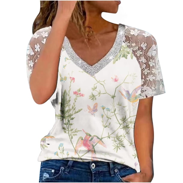 Camiseta de manga corta Gibobby con estampado flores y Cuello en V encaje floral para Mujer Bl(Verde,M)