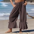 thumbnail image 2 of Women's Linen Wide Leg Pants Casual Cropped Crinkle Design with Drawstring Waist and Loose Fit Ruffled Hem Trousers for Everyday Wear Coffee S, 2 of 5