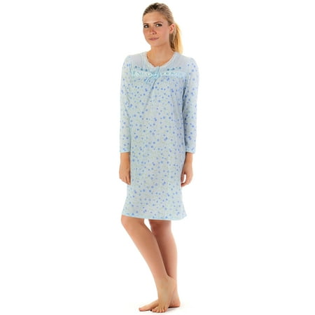 Embroidered Eyelet Gown - Casual Nights Women's Long Sleeve Floral Embroidered Night Gown