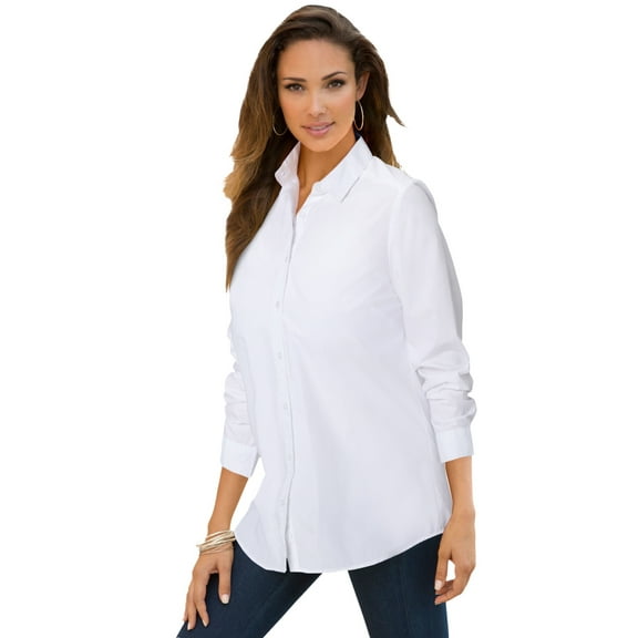 Roaman's Women's Plus Size Kate Long Sleeve Easy Cotton-Blend Button-Front Shirt