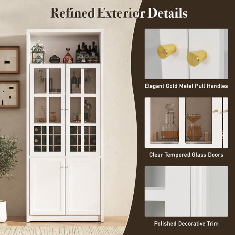 Tall Wine Storage Cabinet with Glass Doors, Freestanding Home Bar Pantry Cabinet with Goblet Rack & 18-Bottle Grid
