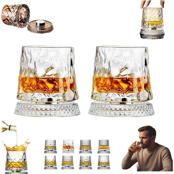 360 Degree Rotating Whiskey Glass - 2 Pack Unique Crystal Tumbler Set for Men, Interactive Spinning Cocktail Glasses with Stable Base