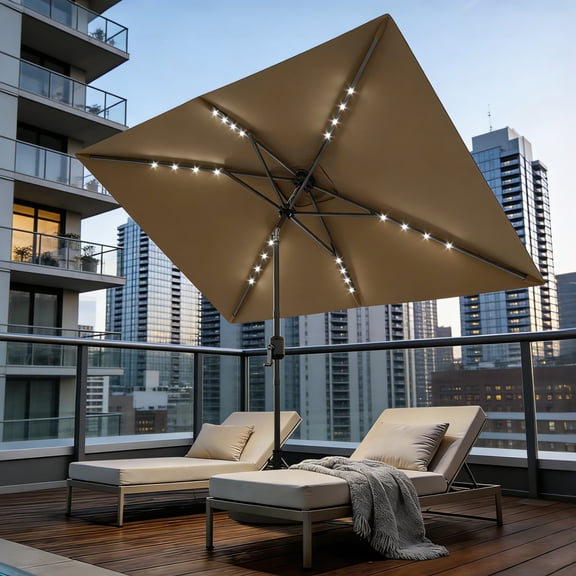 Emorefun Outdoor Table Umbrella, 10ft x 6.5ft Rectangle Patio Umbrella with Solar Lights for Garden, Deck, Pool, Tan
