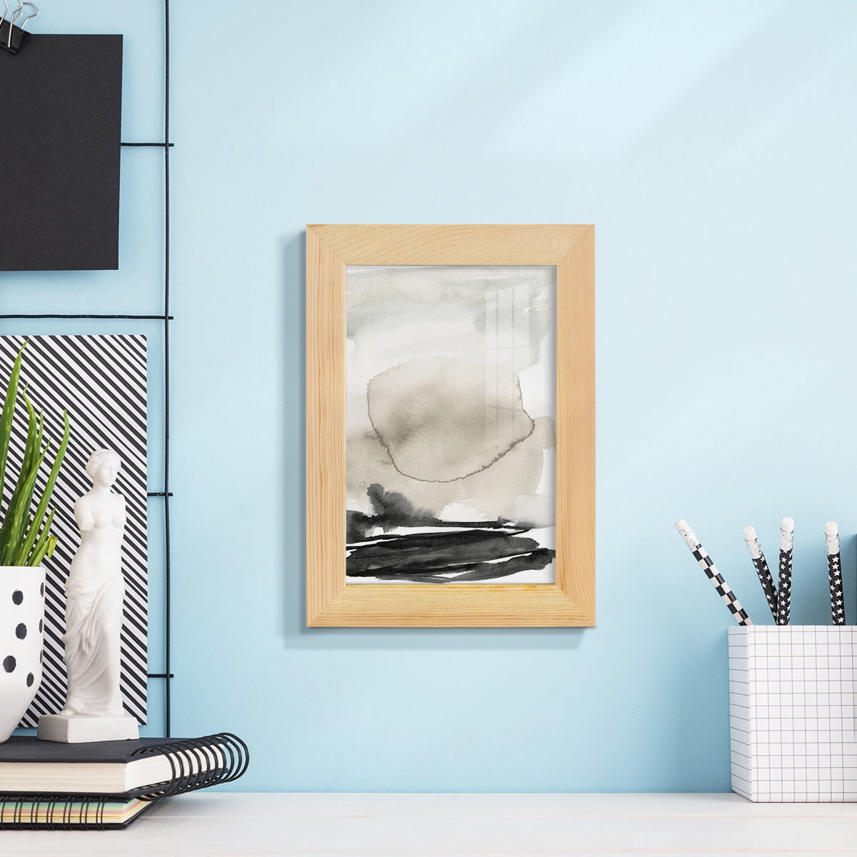 Ebony Horizon Triptych II - Framed Print w/glass - Natural Wood