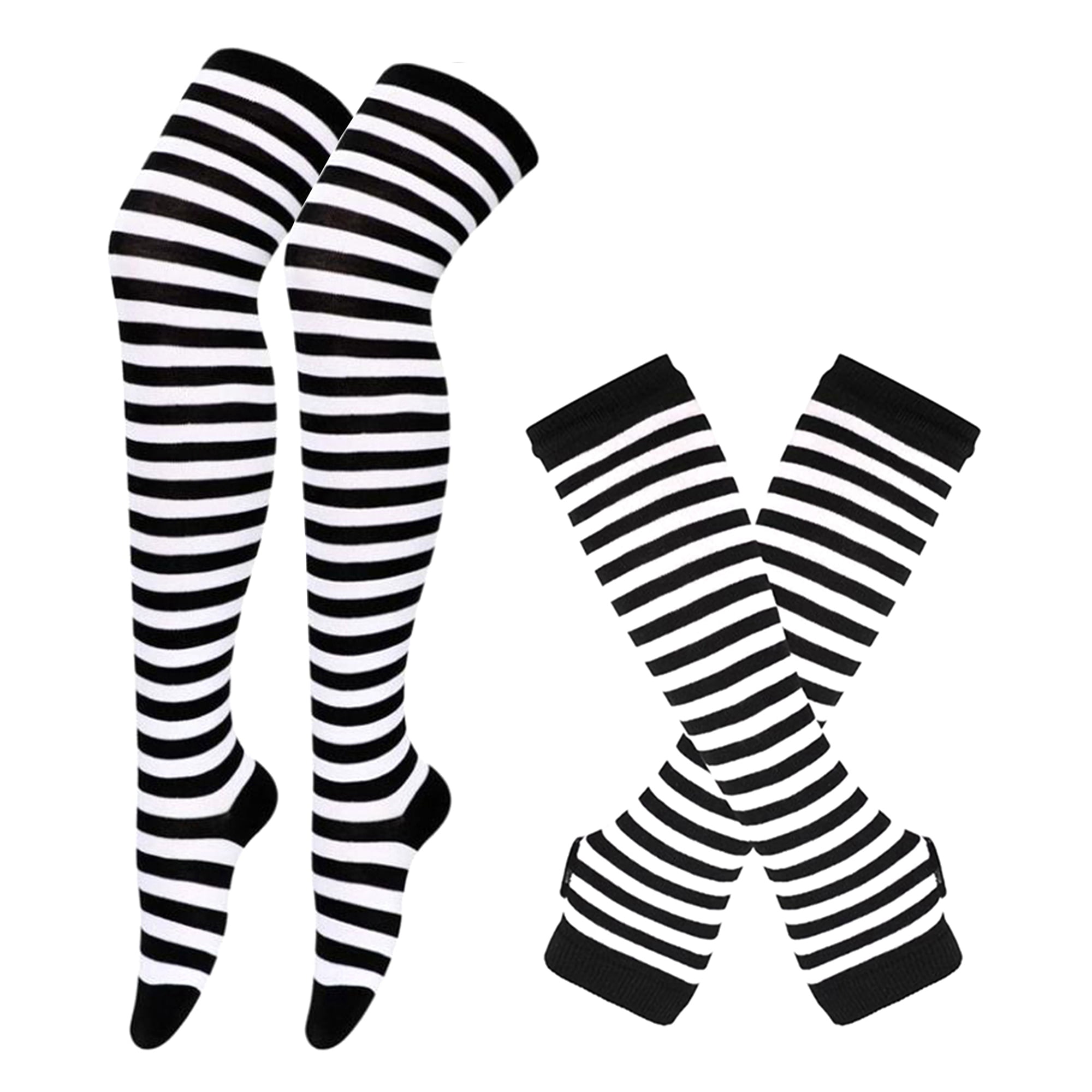 Women Socks Striped Knee High Socks Arm Warmer Fingerless Gloves Set ...