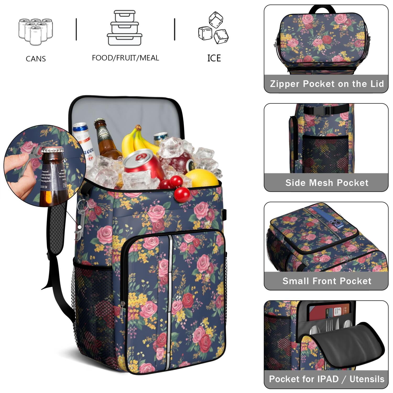 Travel Cooler Bag - Pioneer Flower Camping Beer Cooler Backpack with Bottle Opener- Waterproof Insulated Picnic Backpacks - Cooler Bag for Beach