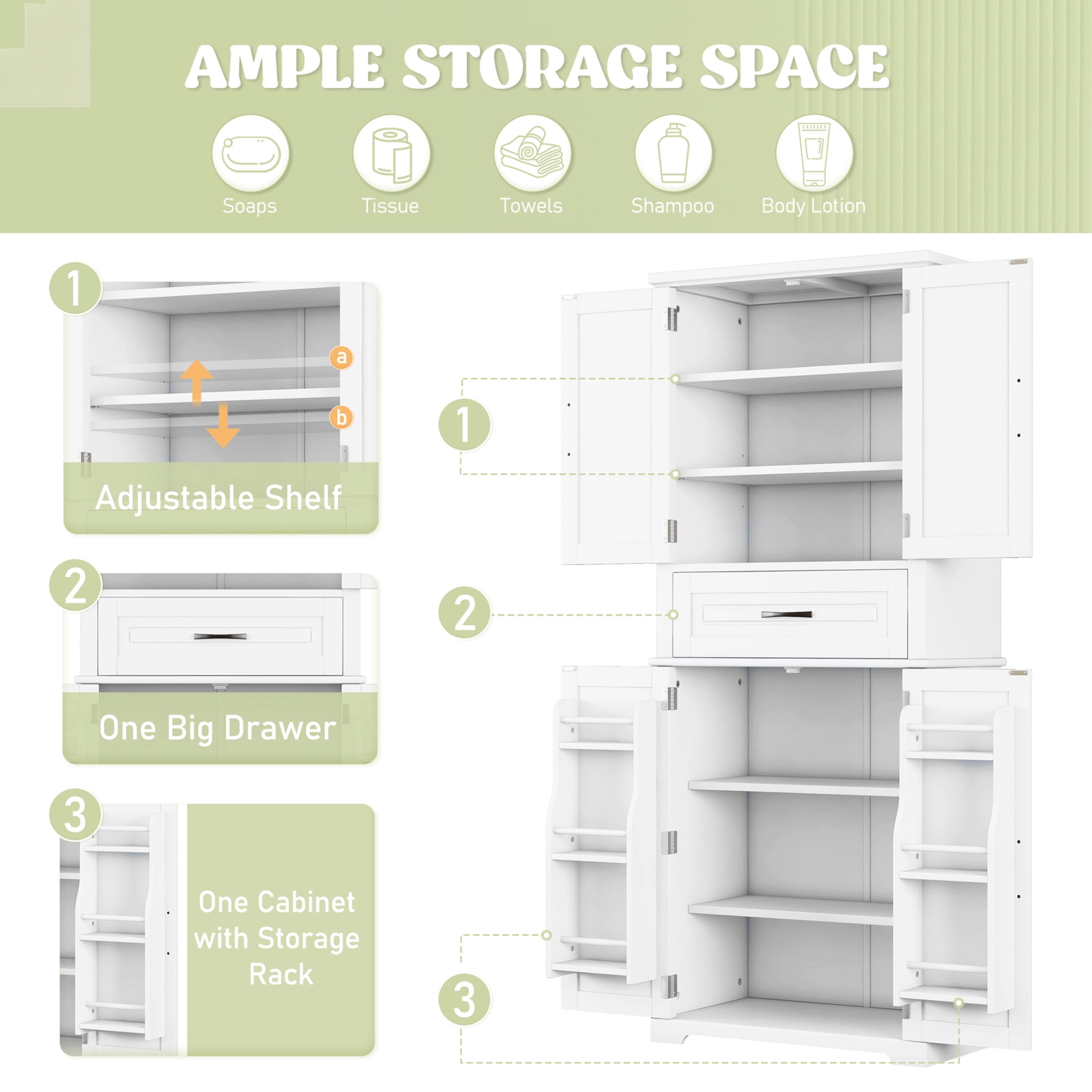 Modern Storage Cabinet with Adjustable Shelf, Anti-Tipping Design, White