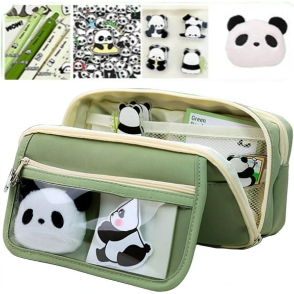 Cute Panda Pencil Case Large Capacity for Adults Aesthetic Pencil Case Kawaii Pencil Pouch Cute Zipper Preppy Pen Bag with Gel Ink Pens, Clips, Stickers, Pin