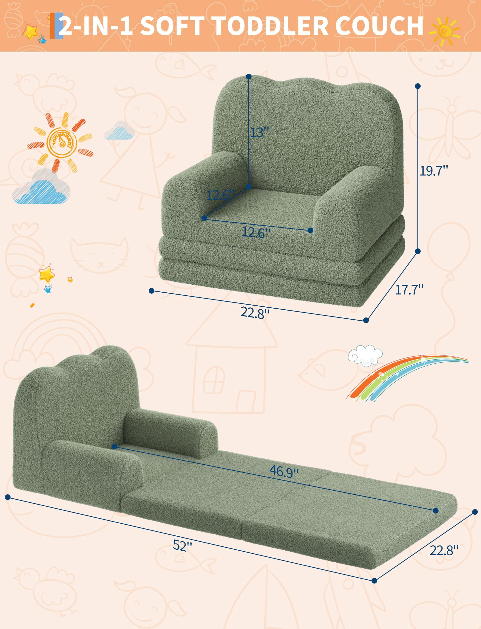 Luku Kids Couch, 2-in-1 Convertible Toddler Sofa Chair with Teddy Fleece, Soft Fold-Out Lounger for Playroom