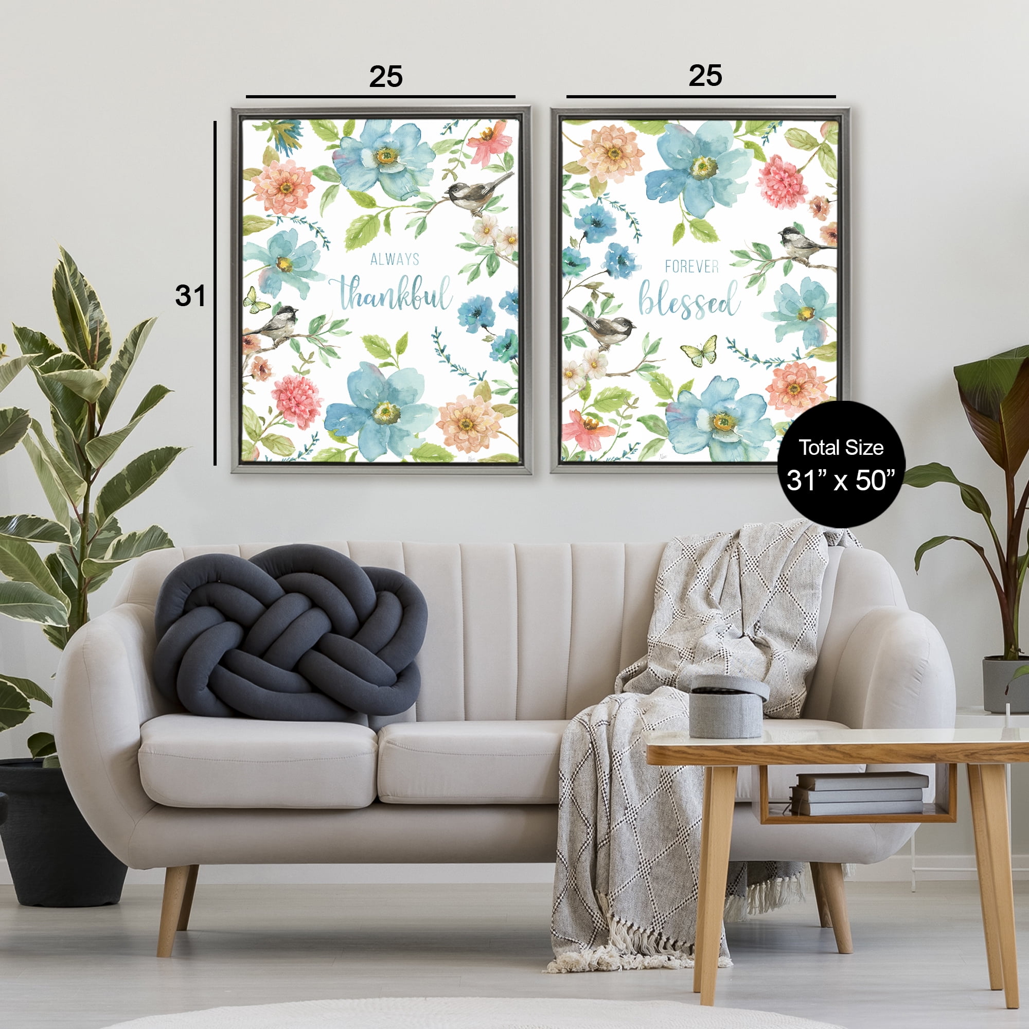 Stupell Industries Pink & Blue Gratitude Blooms 2 Piece Gray Framed Floater Canvas Set, design by Nan