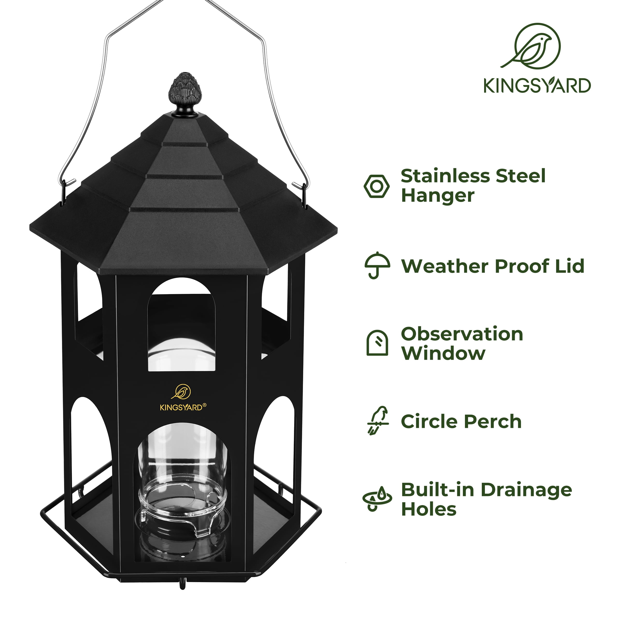 Kingsyard Hopper Wild Bird Feeder for Outdoor Hanging, 4 lbs Large Seed Feeding Metal House, Black