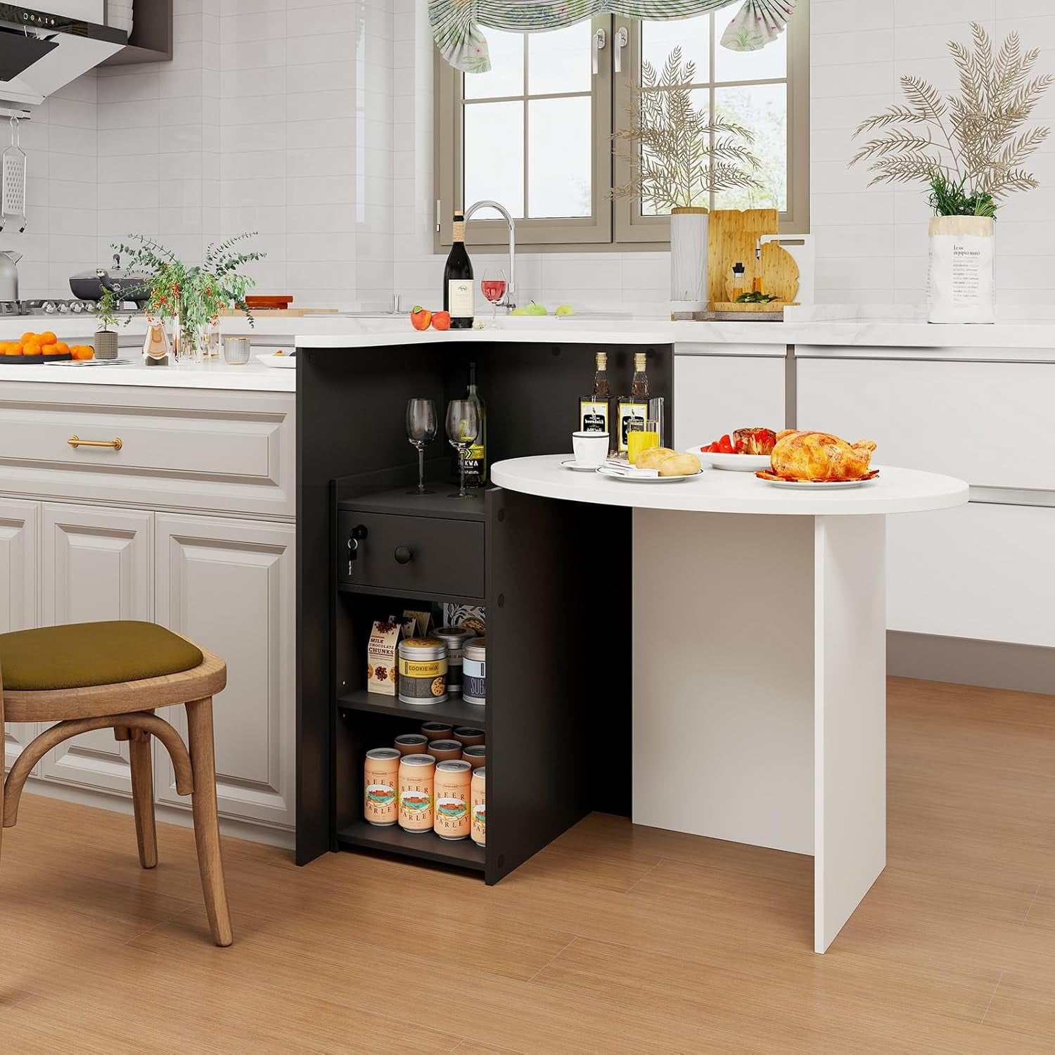 Reception Desk, Small Retail Checkout Counter with Lockable Drawer and Open Shelves, Wooden Front Desk Reception Counter, Oval Desktop & L Counter for Store Office Lobby Salon (White & Black)