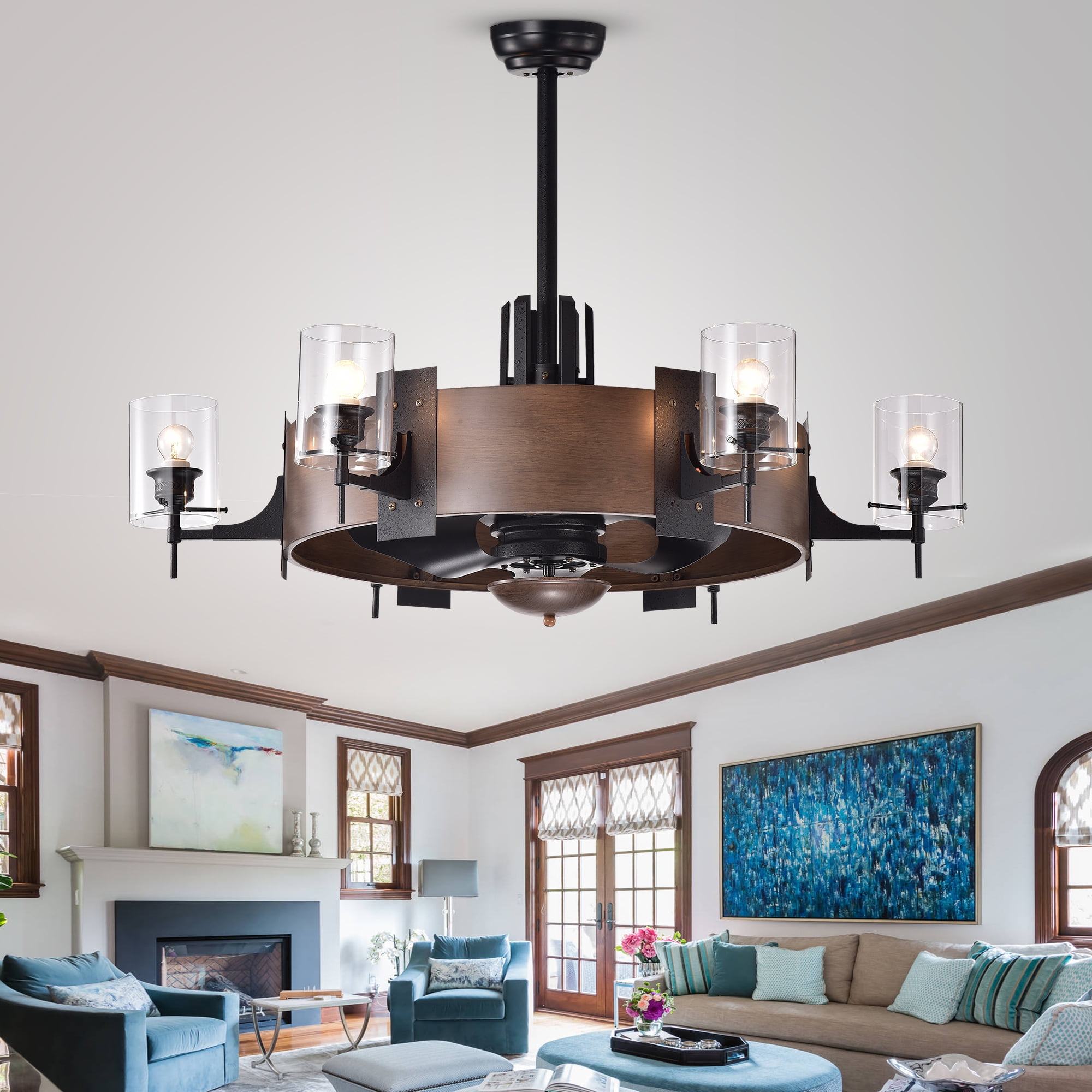Lodgin Faux-Wood 35-inch 6-light Lighted Ceiling Fan Fandelier with Glass Pillar Lamps Remote Controlled