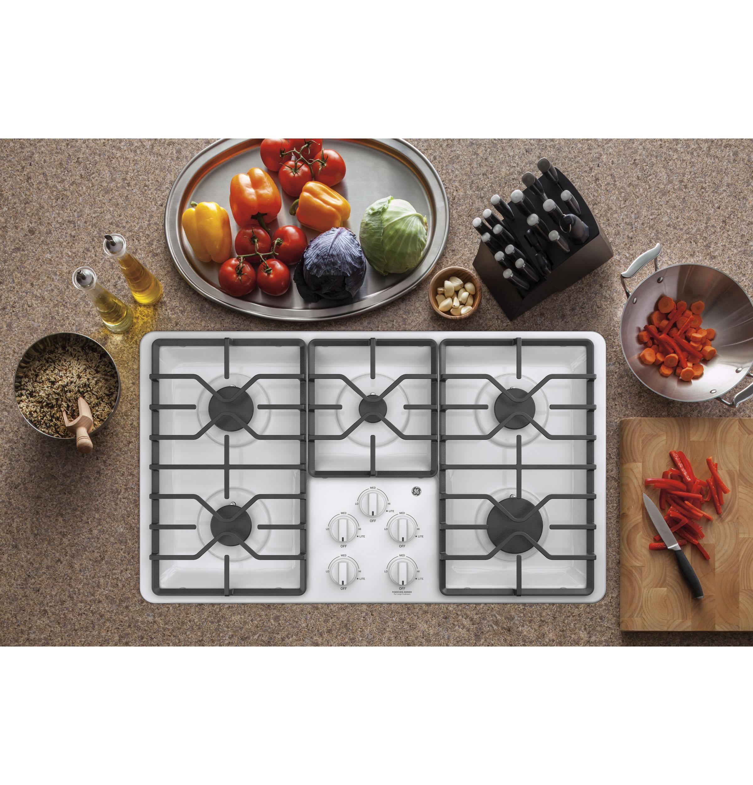 GE® 36" Built-In Gas Cooktop with Dishwasher-Safe Grate 5 Sealed Burners in White Model JGP3036DLWW