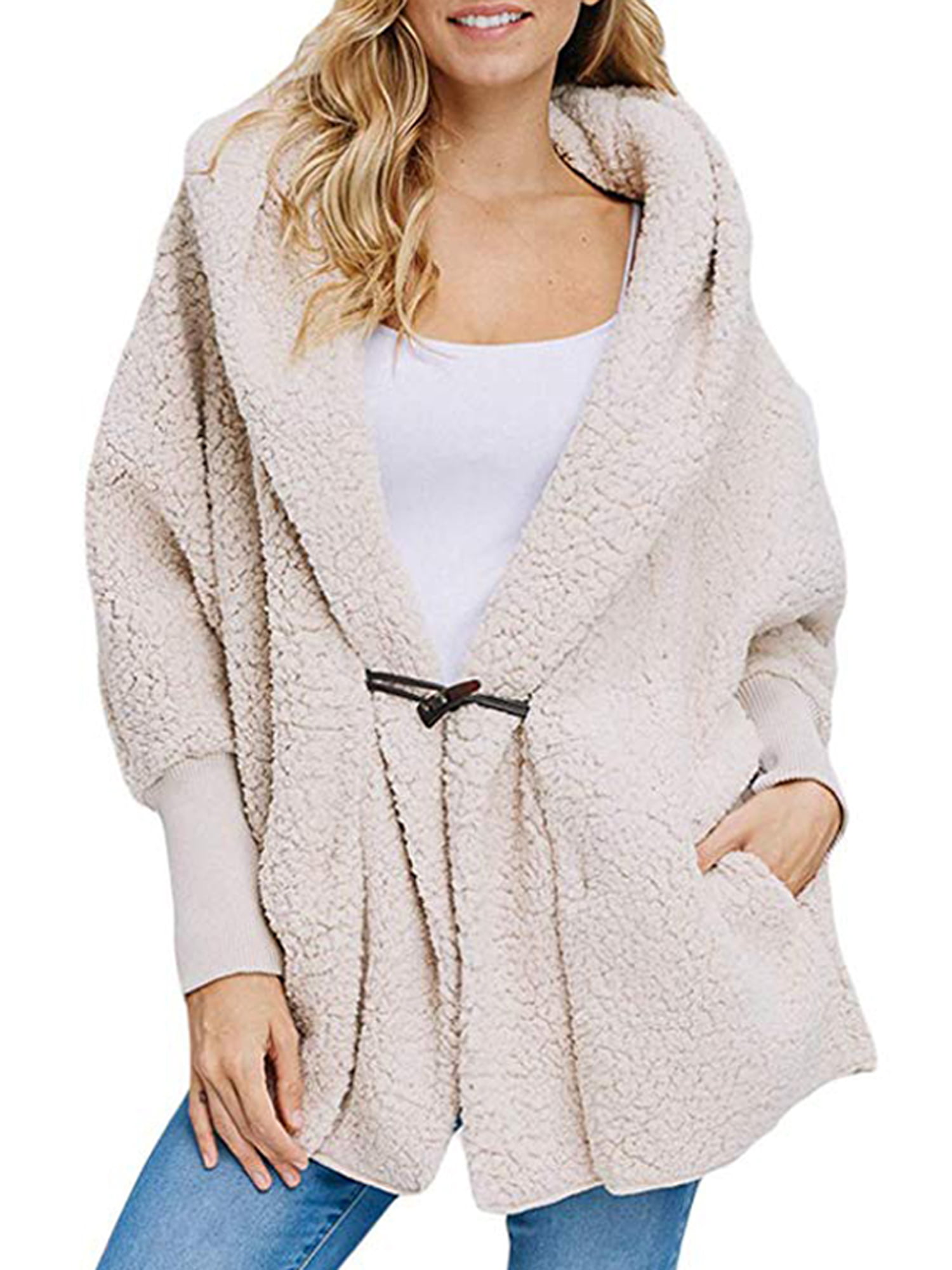 Lallc - Women's Casual Loose Hooded Coats Fluffy Fleece Cardigans ...