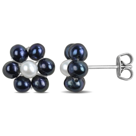 Everly Women's 3-4mm Black and White Cultured Freshwater Pearl Sterling Silver Flower Stud Earrings