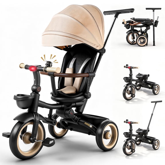 JoyStone 7 in 1 Foldable Tricycle Stroller for Toddler, Baby Tricycle with Adjustable Canopy, Parent Handle, Removable Pedals, Seat Belt and Storage Basket, Kids Bike for Ages 1-6 Boys & Girls, Khaki