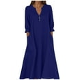 thumbnail image 1 of Wdfiry Robe en Coton et Lin pour Femmes Couleur Unie Col Cranté Manches Bouffantes Robe Grande Taille Ample Manches 3/4 Midi, 1 of 4